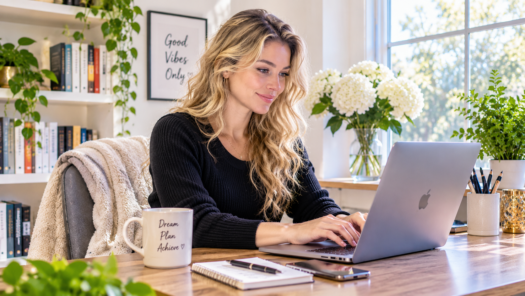 lady typing on the laptop sitting on the desk